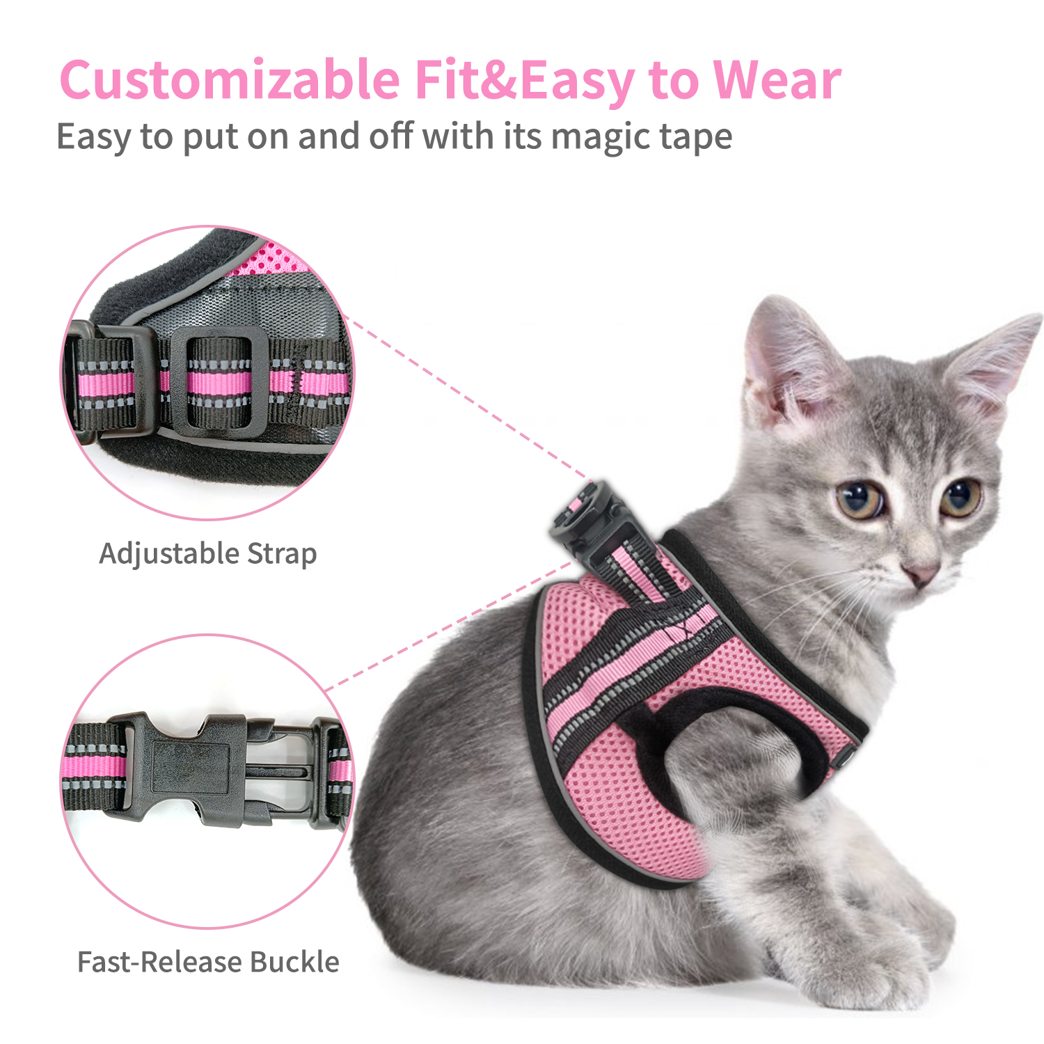 Howarmer Pink Cat Harness and Leash, Escape Proof Adjustable Cat Vest  Harnesses for Walking, Soft Harness for Puppy Small Medium Large Cats, M 