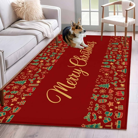 Christmas Area Rug 3x5 Washable Rug Non Slip Modern Winter Xmas Trees Gifts Red Large Area Rug Indoor Floor Carpet for Entryway Bedroom Kitchen Living Room Home Office Dining Room Nursery