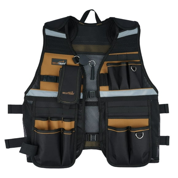 MELOTOUGH Gilet à Outils pour Hommes Gilet de Sécurité Réfléchissant avec Sangles Réglables, Support de Téléphone Amovible pour Électrique, Charpentiers, Construction (Kaki)