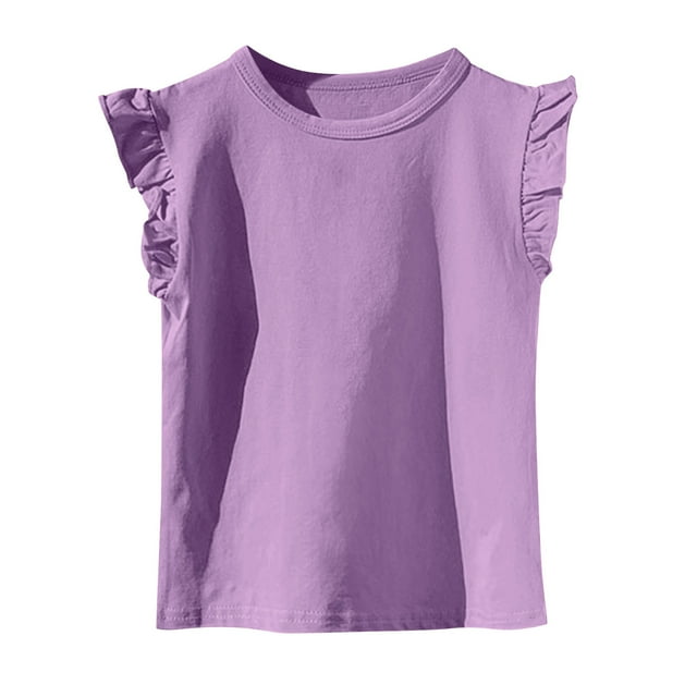Girls Summer Flutter Sleeve Ruffle Collar Shirts Slim Fit Casual Tank Tops Purple 6-7 Years
