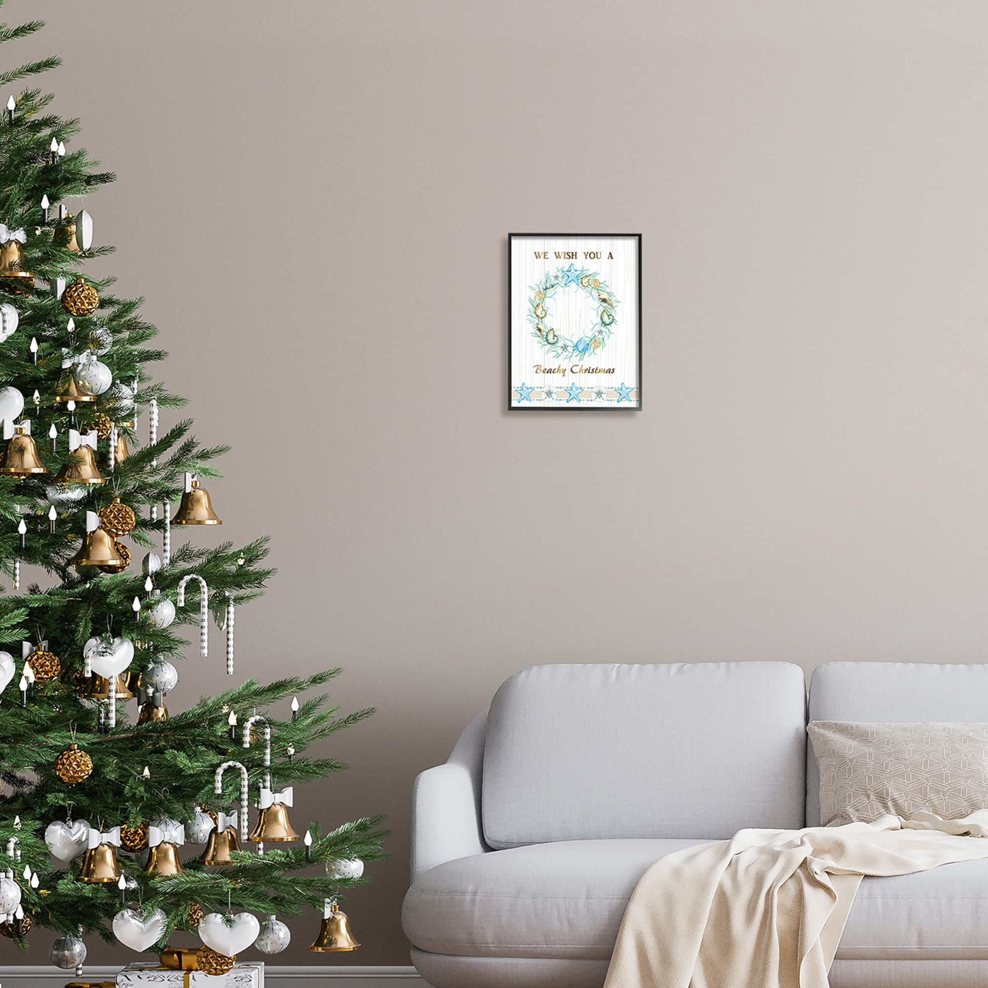 Beachy Christmas Sea Life Seashell Wreath Pattern Coastal Graphic Art Framed Art Print Wall Art