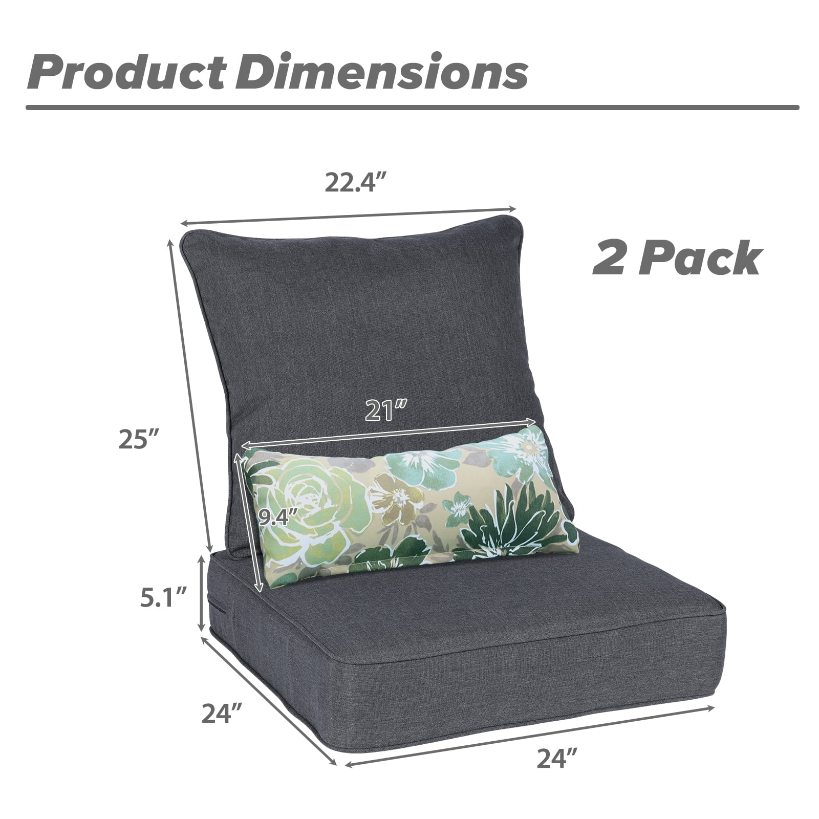 BPS 24x24x5 inch Outdoor Deep Seat Cushion Set of 2, Water-Resistant Patio Furniture Cushions for Outdoor Chairs, Sofa, Couch, Charcoal