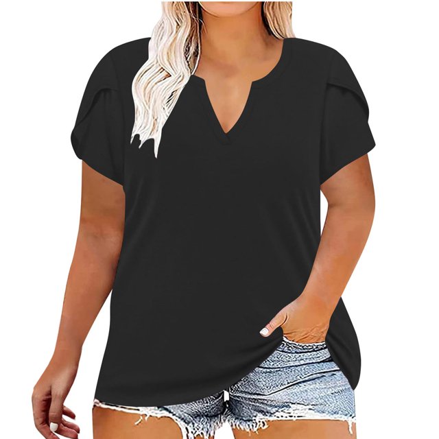 Tamaño Más Manga Corta Tops para las Mujeres Casual Color Sólido Suelto V-Cuello Tee, Poliéster Más Tamaño Blusa, Lavado a Mano Verano Casual Top