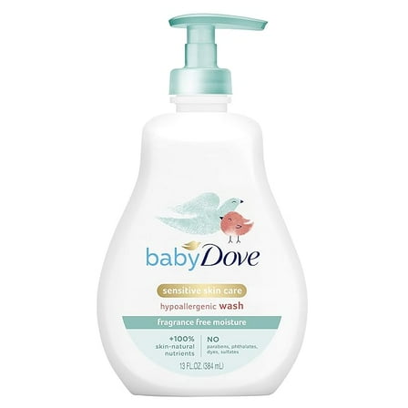 Baby Dove Sensitive Skin Care Baby Wash For Baby Bath Time Fragrance Free Moisture Fragrance Free and Hypoallergenic, Washes Away Bacteria 13 oz