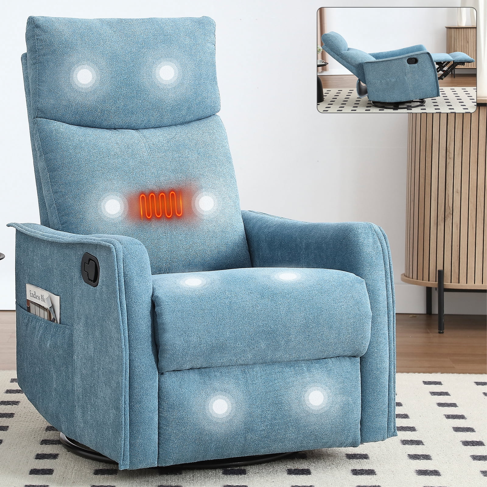 Gewnee Chenille Multifunctional Swivel Rocking Chair, 360° Swivel, Massage & Heating, for Living Room, Office and Home Theater,Blue