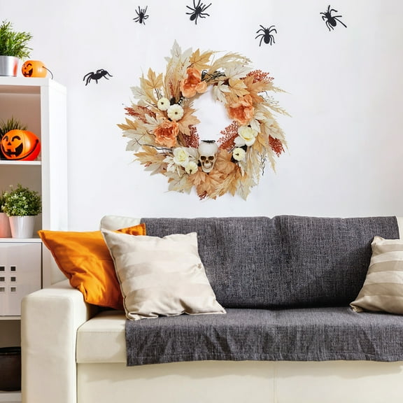 Halloween Skulls Wreaths for Front Door, 22 Inch Prelit Fall Maple Leaves Wreath with 20 LED Lights for Wall Window Porch Indoor Outdoor