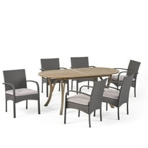 GDF Studio Pines Outdoor Acacia Wood and Wicker 7 Piece Dining Set with Cushions, Gray