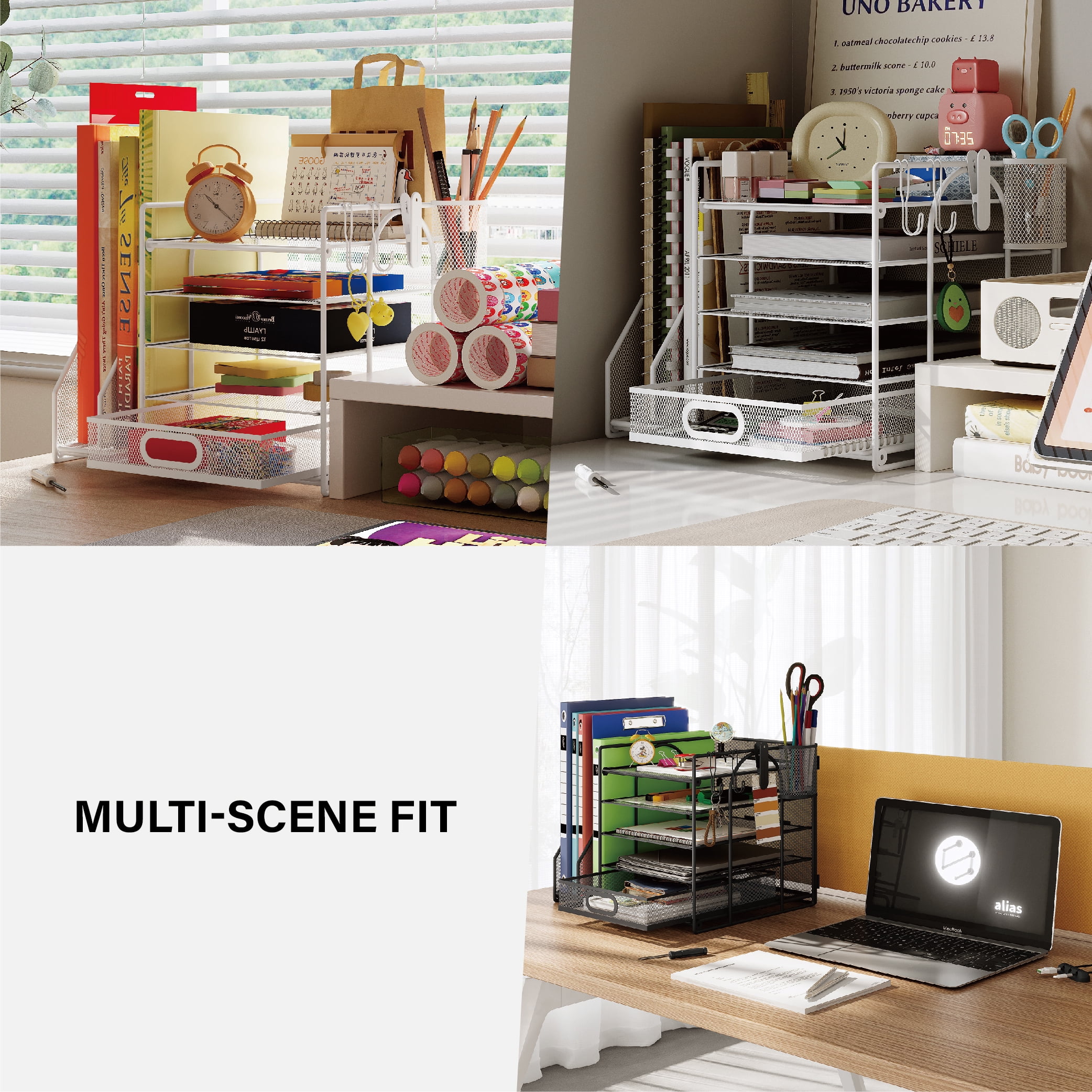 HUHOLE Desk Organizer with File Holder, 5-Tier Paper Letter Tray, White Powder-Coated Steel