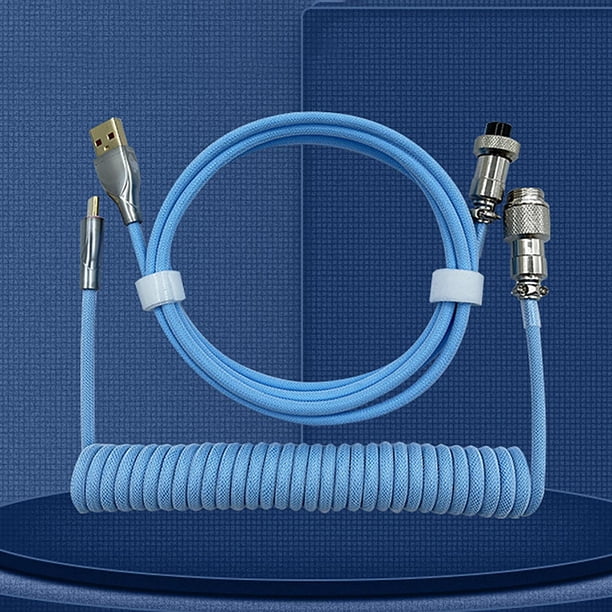 USB a Cable, Cable de resorte en , Cable de carga rápida para juegos, doble funda con enchufe de aviación DIY, para mecánico Azul Yotijar Cable espiral en espiral
