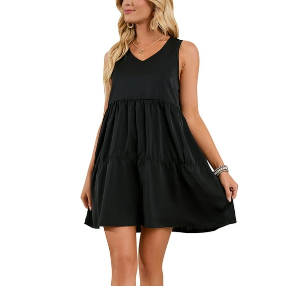 SAYFUT Women's Plus Size Dresses, Summer Maxi Dresses Flowy Swing Party Beach Dress Solid Color Fashion Sleeveless V-neck Casual Loose Mini Dress