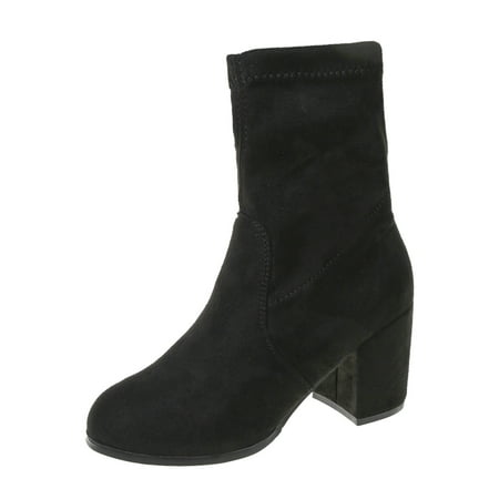 

nsendm Rain Boot for Women Big Calf Fashion Women Square Heel Solid Color Leather Mid Calf Boots for Women No Heel Black 6.5