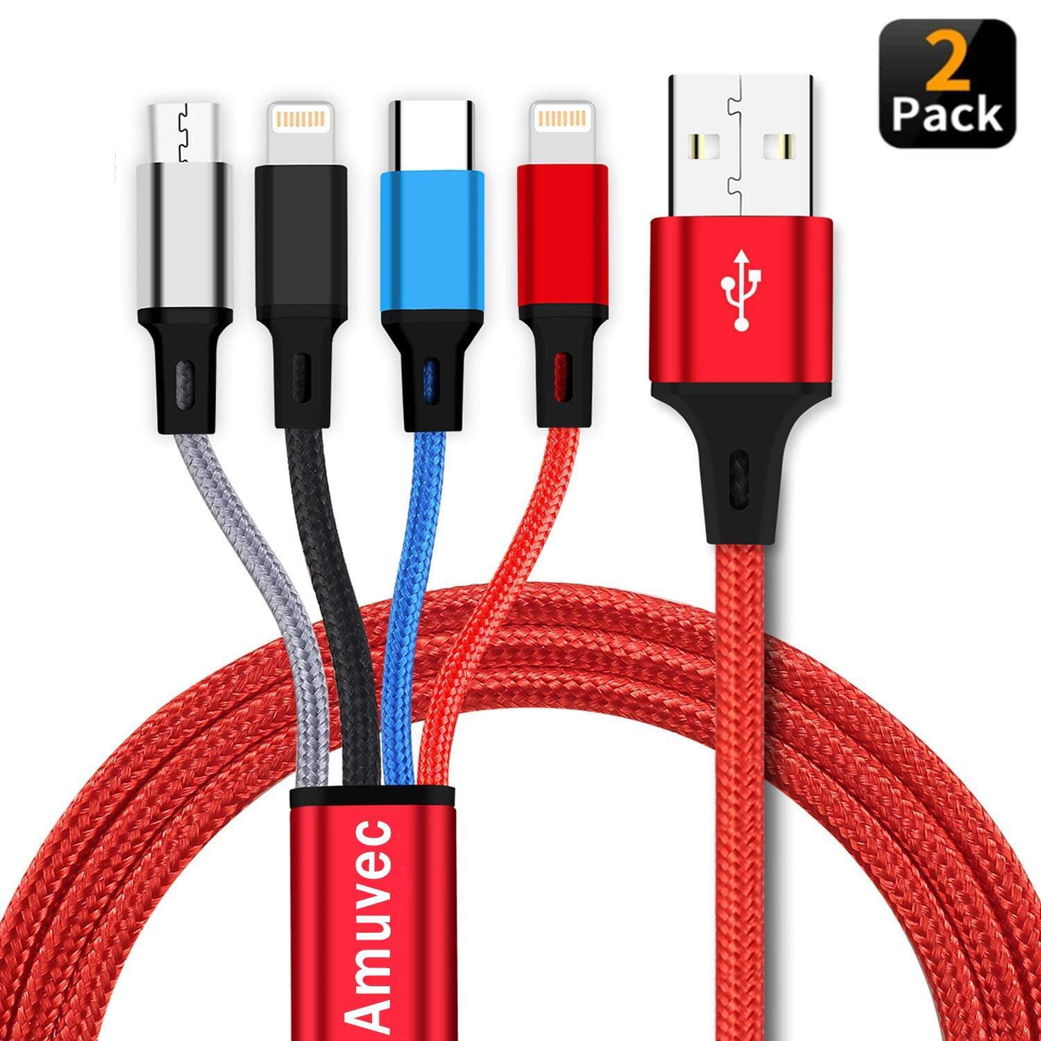 Amuvec 4 in 1 Retractable USB Charging Cable,Multi Fast Charge with Dual iP/Type C/Micro USB Port for Mobile Phone Xs Xr X Samsung Galaxy S10 S9 S8 Google Pixel Huawei P20 P10 Xiaomi Honor LG and More 