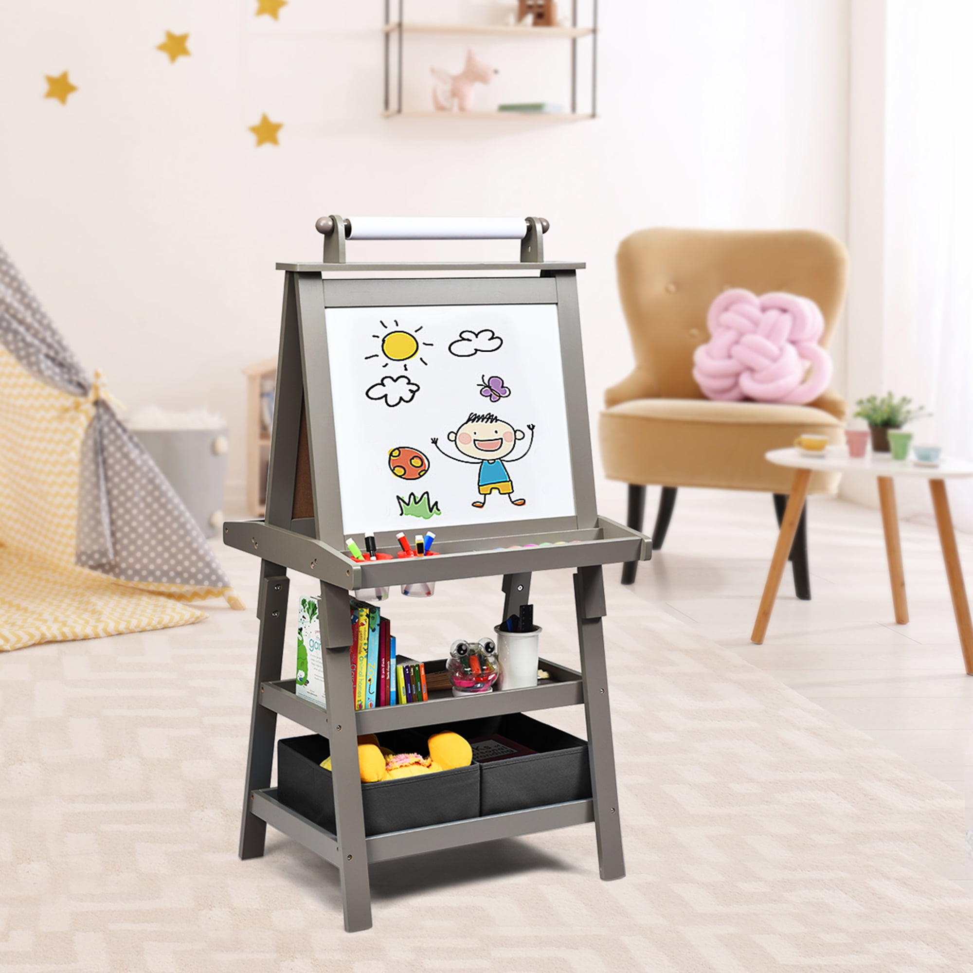 Gymax 3 in 1 Double-Sided Storage Art Easel w/ Paint Cups for Kids Writing Earl Grey
