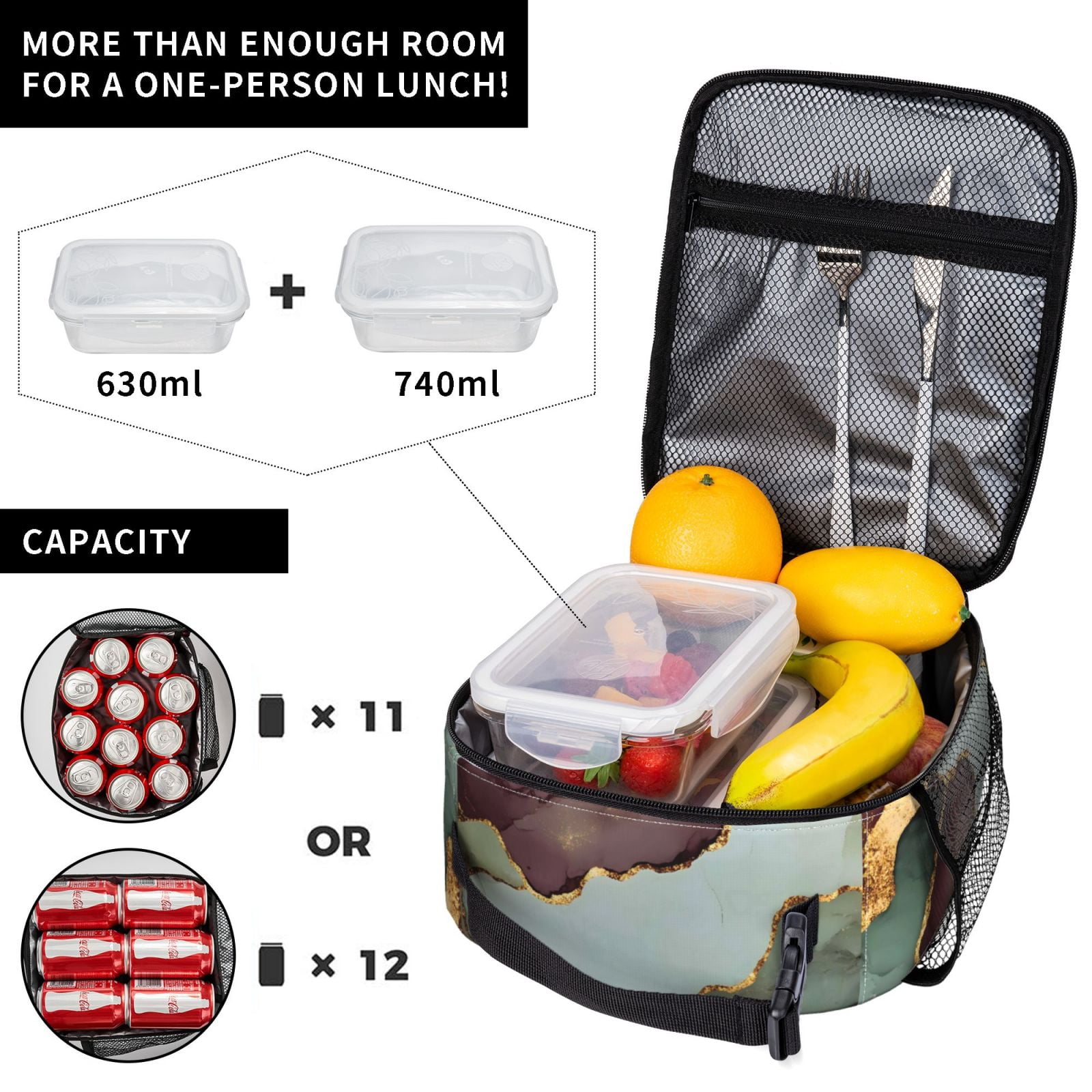 Lunch Bag For Women Men Insulated Portable Lunch Box Bento Box Office Picnic Travel Cooler Bag Green And Brown Gold Marble