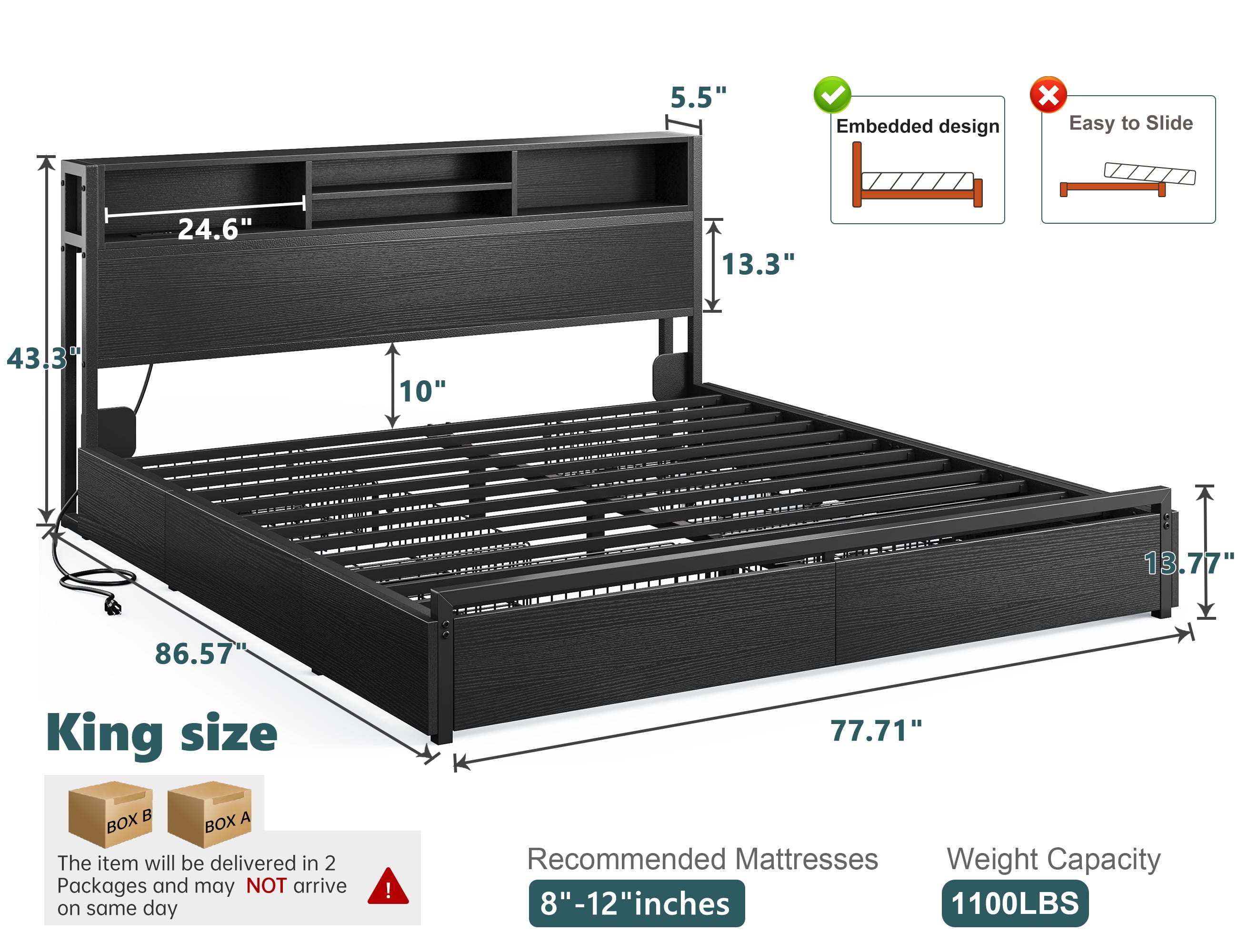 EnHomee King Metal Platform Bed Frame with 6 Storage Drawers & Storage Shelf & Charge Station,Black
