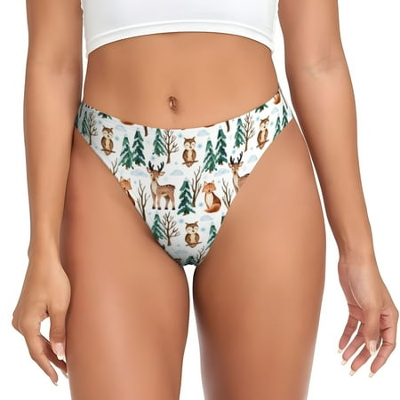 Qokaie Winter Woodland Friends Printed Women s Cotton Thong Underwear  Sexy Breathable Panties G-string-XX-Large
