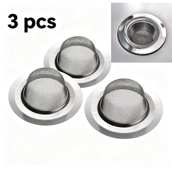 Vruelia 3 Pcs Stainless Steel Kitchen Mesh Silver Sink Strainer Large Wide Rim 4.5" Diameter, for Kitchen Sinks