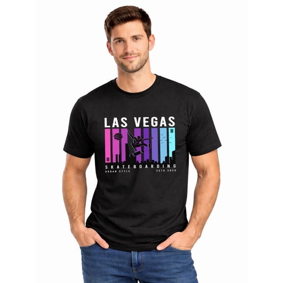 Graphic Short Sleeve T-Shirt for Men Regular Fit Crewneck with Las Vegas Skate T-Shirt Cotton Fabric on Black Fabric