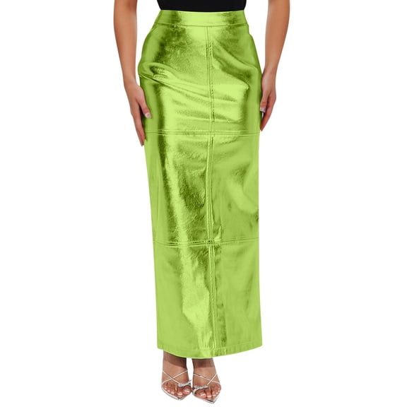 Yuncity Women Skirts Solid Color High Waist Elastic Maxi Shiny Pencil Slim Slit Summer Elegant Breathable Party Club Wear Women's Skirts Size L Green