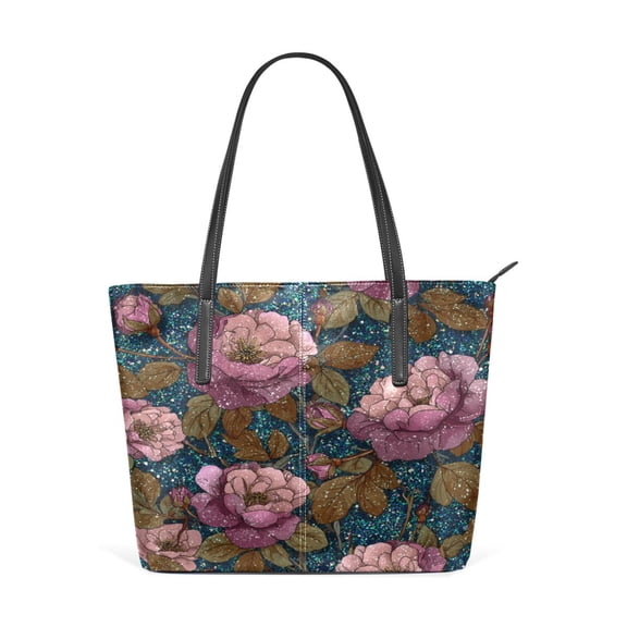 Tote Bag Aesthetic leather Handbags with Zipper for Women Travel Shoulder Bags Purses with compartment. Shiny Roses