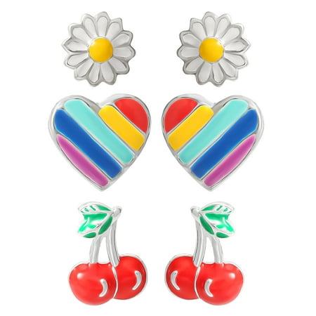 Brilliance Fine Jewelry Girl√¢¬Ä¬ôs Sterling Silver Daisy Heart Cherry Stud Earring Set