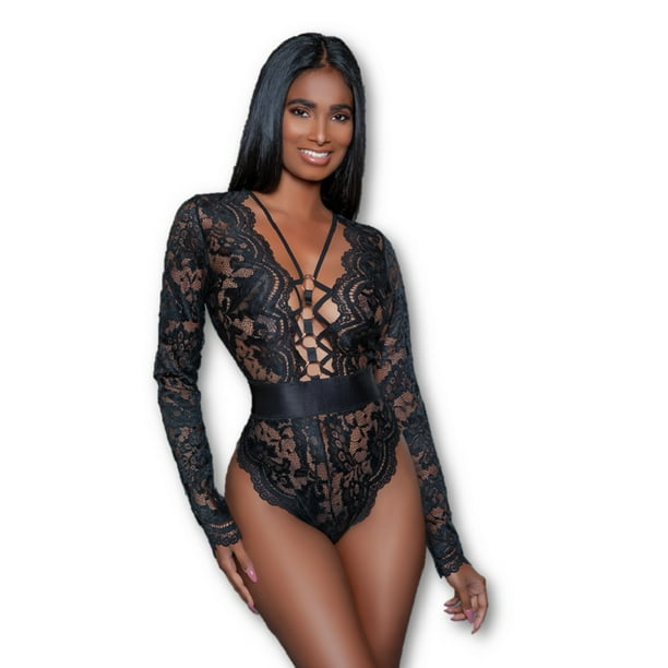 Be Wicked Ramona Bodysuit Sheer Black Lace Long Sleeve Lingerie Womens LG  12-14 