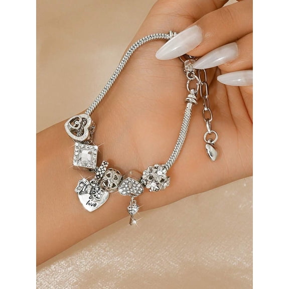 Charm Bracelet with Crystal Hearts and Key Pendant - Silver Tone, 1 Pack