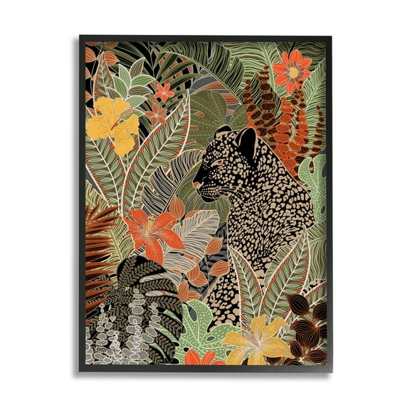 Stupell Industries Leopard in Jungle Pattern Animals & Insects Painting Black Framed Art Print Wall Art, 11 x 14