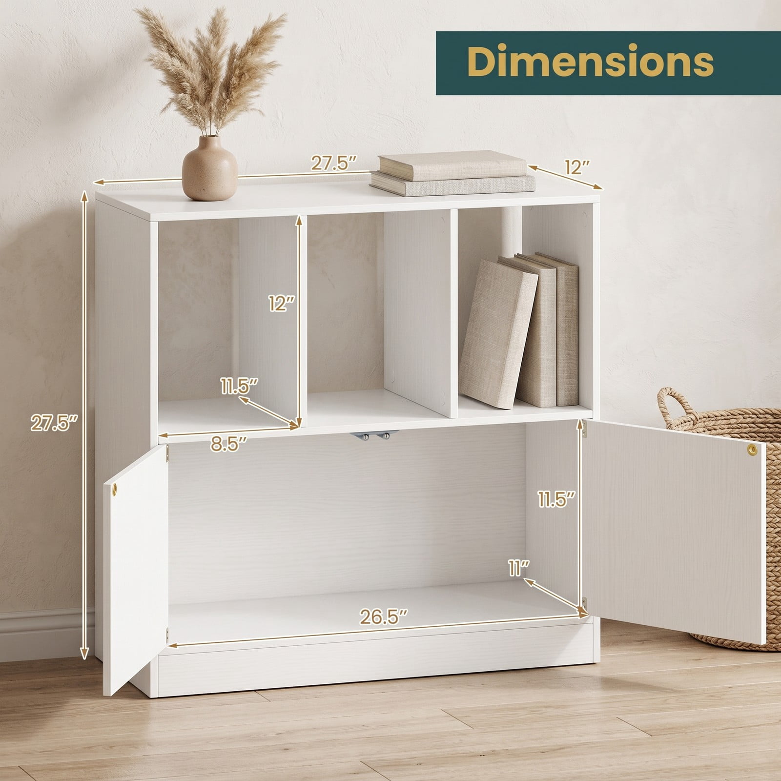 Furnibear 3-Cube Bookcase with Doors, 3-Tier Cube Bookshelf with 2-Door Storage Cabinet and Open Compartments, Anti-Tip Wood Cubby Organizer Shelf for Living, White