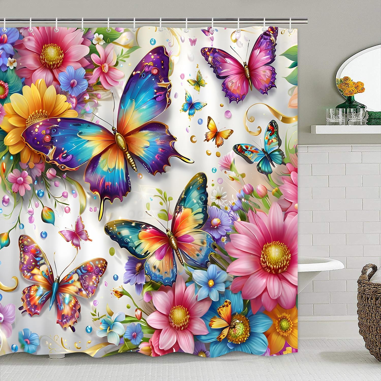 4Pcs Spring Themed Shower Curtain Set with Rugs Vintage Butterflies Bathroom Sets Floral Shower Curtain with 12 Hooks Bathroom Decor with Rugs Bath Accessories with Mats Toilet Lid Cover