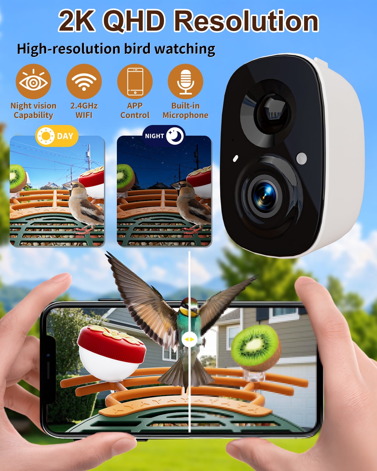 Bird Feeder with Camera, 2K HD Camera Birds Feeder Wireless Outdoor, Solar Powered Bird Watching with APP Control, Night Vision, Motion Detection Alerts, IP66 Birdfeeder for Backyard, Green