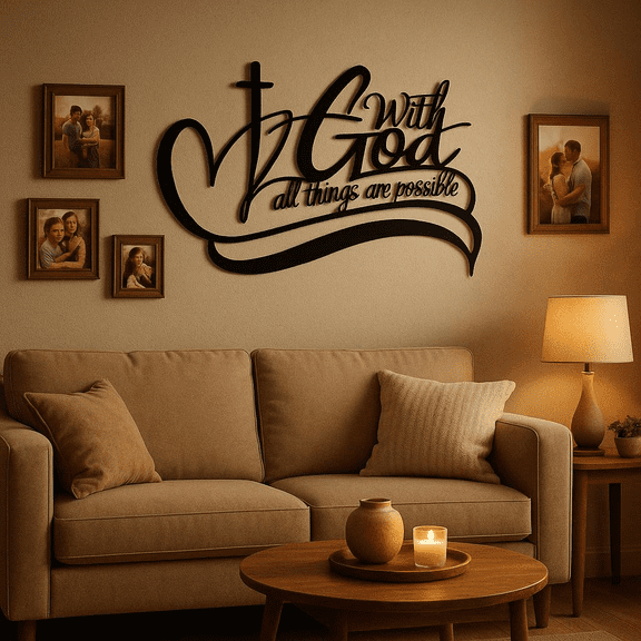 HELLOYOUNG 11.81 Inch Inspirational Faith Wall Sign Metal "With God Everything Is Possible Hollow Font Script Durable Classic European Retro Decor for Bedroom Cafe