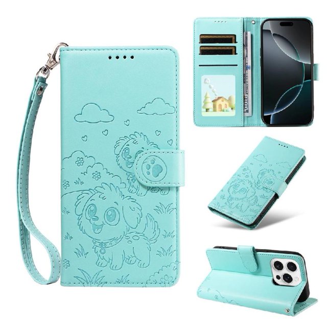 Funda Cartera GANGXUN con Diseño de Perrito en Relieve para iPhone 16 Pro Max , Protección 360° con Ranuras y Correa Desmontable