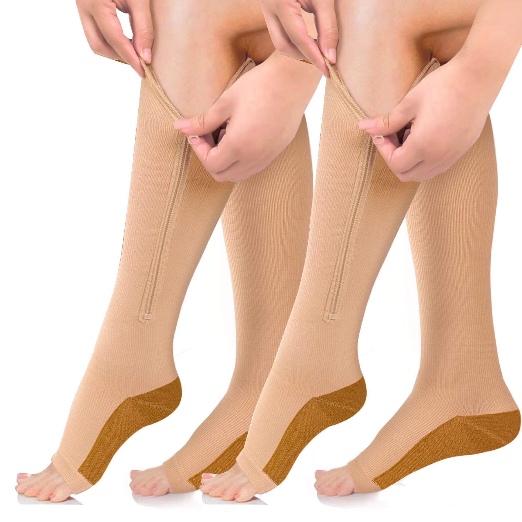 WILLED Zipper Compression Socks 2 Pairs 1520mmHg Open Toe Toeless Compression Socks for Women