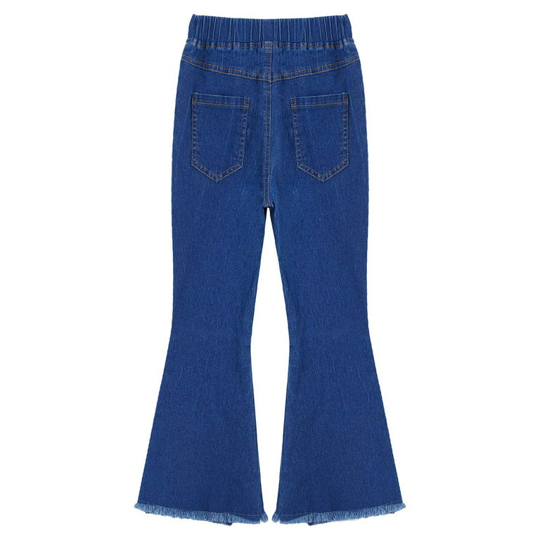 DPOIS Kid Girls Denim Jeans Bell Bottom Flare Pants High Waist Wide Leg  Ruffled Trousers Dark Blue 4 