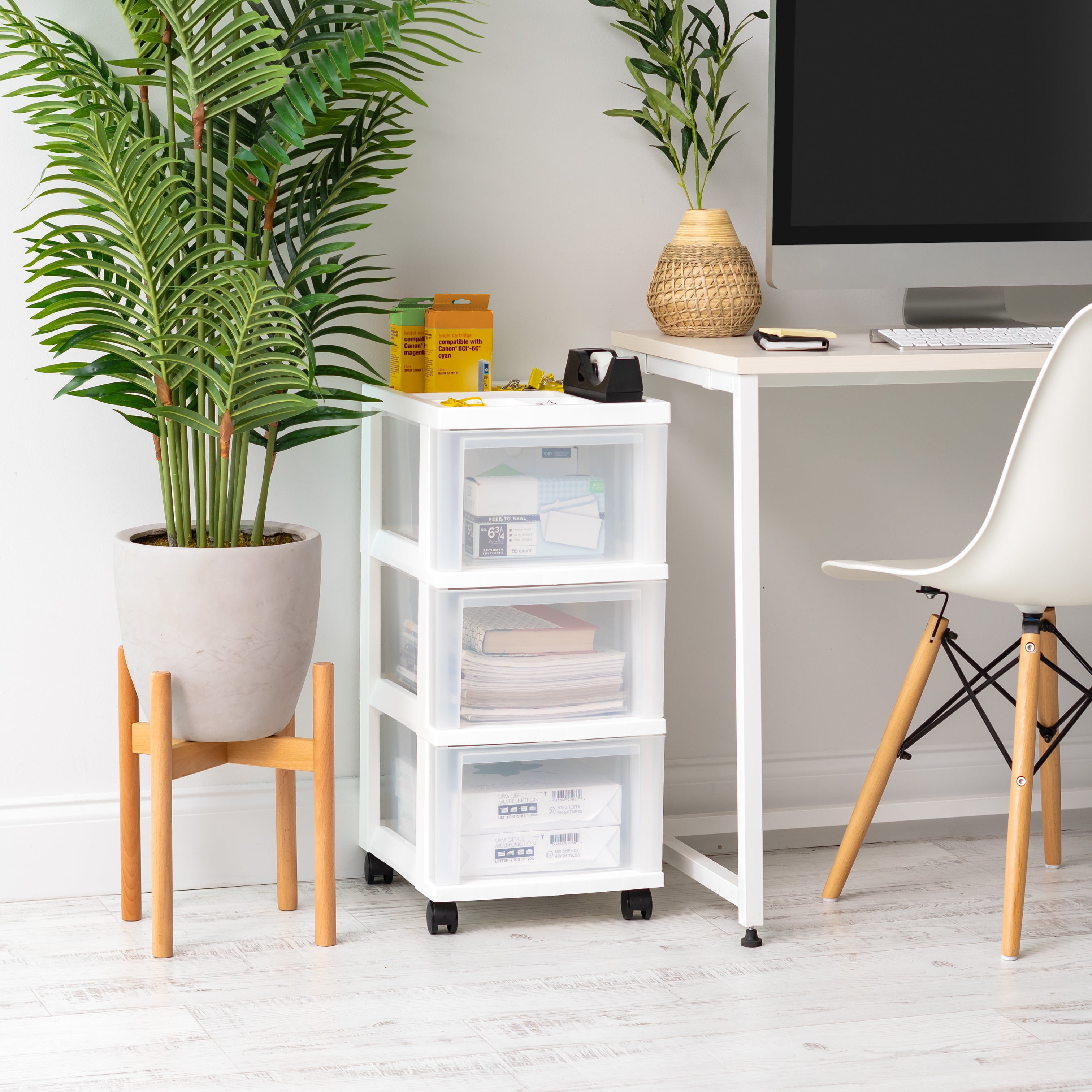 IRIS 3-Drawer Storage Cart with Organizer Top with Wheels, Plastic, White