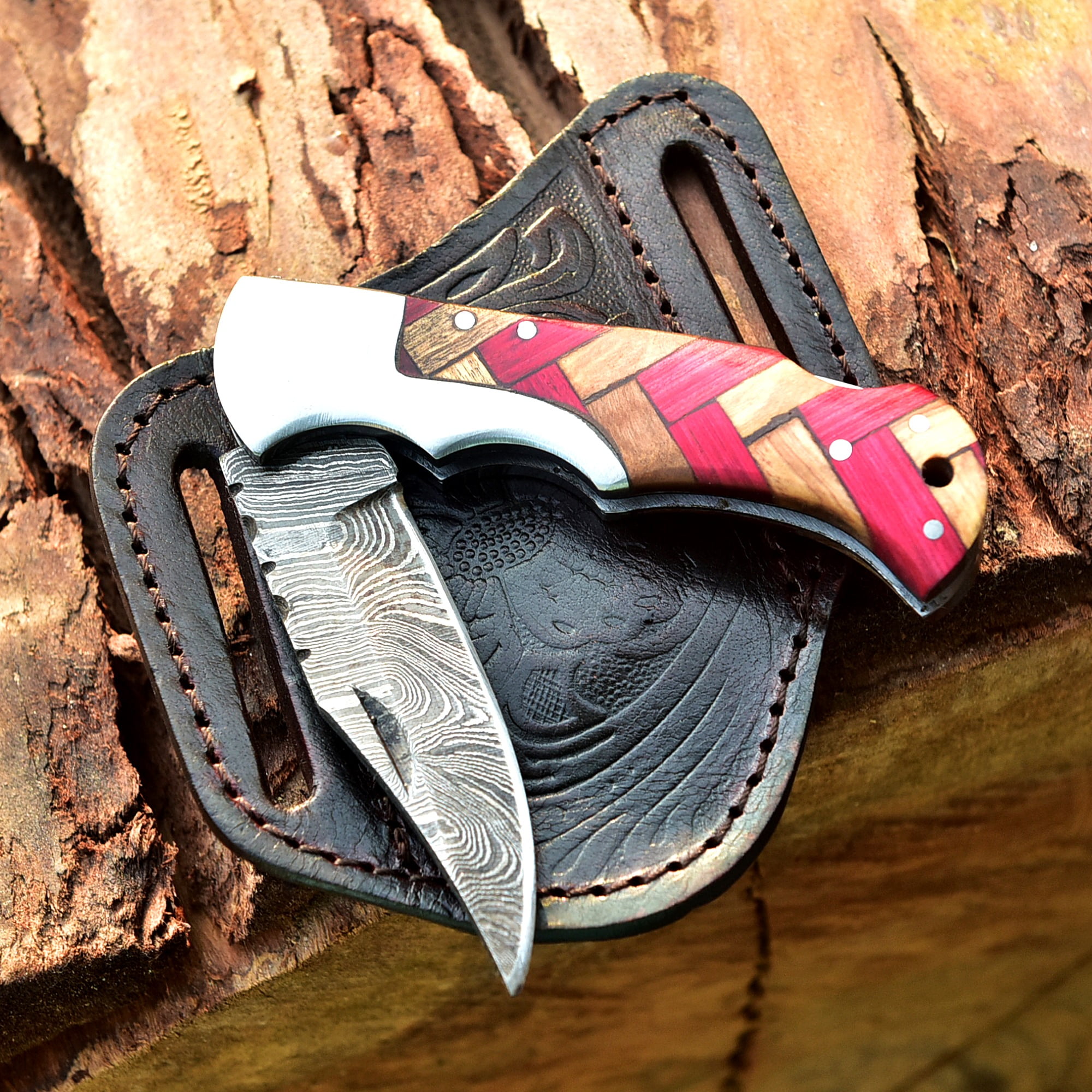 Custom Handmade Damascus Steel Folding Knife/Pocket Knife SS-170479(Red and Olive  Wood)