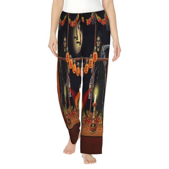 Fotbe Halloween Decoration Pantalones de Pijama para Mujer, Pantalones de Dormir, Pantalones Pj con Cordón y Bolsillos-X-Large