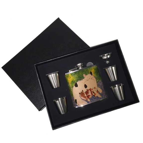 KuzmarK 6 oz. Leather Flask Set in Black Presentation Box -  Maine Coon Kitty Family Mama and Three Kittens Abstract Cat Art by Denise Every