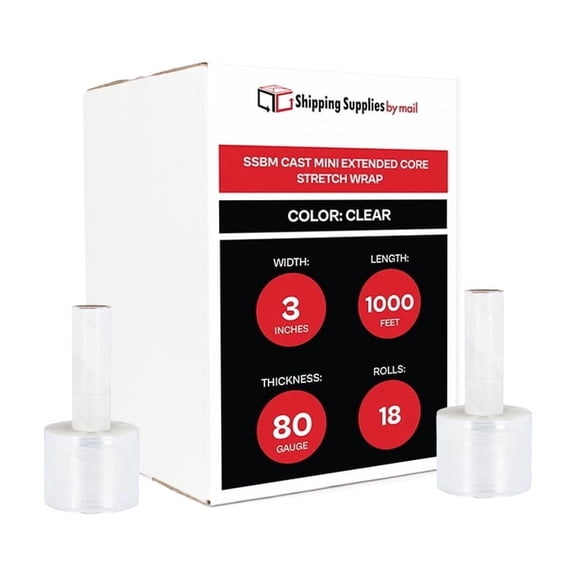SSBM Mini Hand Stretch Wrap with Extended Core 3" x 1000' 18 Rolls 80 Gauge Clear Plastic Shrink Film for Packing Moving