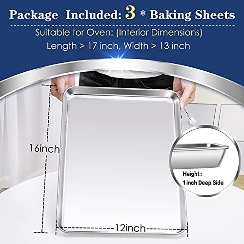 16 Inch Baking Cookie Sheet, Oven Pan Tray Stainless Steel Sheet Pan for Kitchen, Oven Bakeware for Multi Uses, Shiny Look & Dishwasher Safe, Healthy & Heavy Duty, 3Pcs