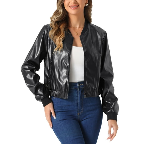 Unique Bargains Faux Leather Bomber Jacket for Women's Moto Bike Zip Up PU Cropped Coat Black L