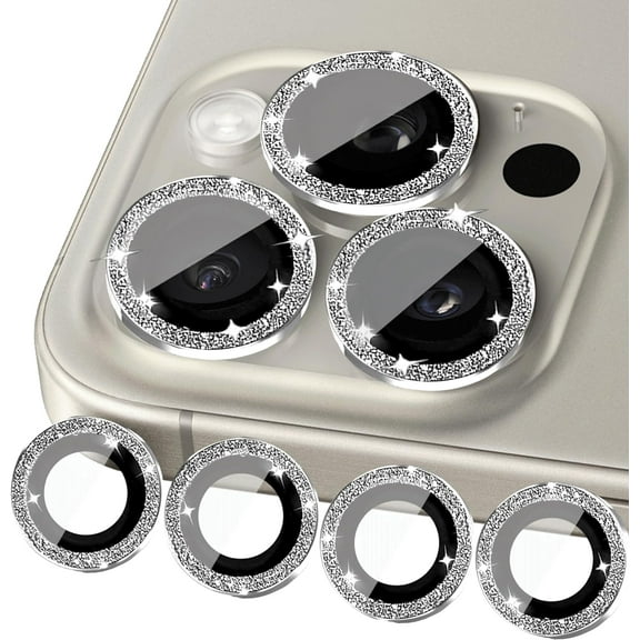 (4-Pack Compatible with iphone 15 Pro / 15 Pro Max Camera Lens Protector Bling Glitter, 15 Pro Max Camera Cover Protector Clear Tempered Glass 9H, Case Friendly, (Natural Titanium)