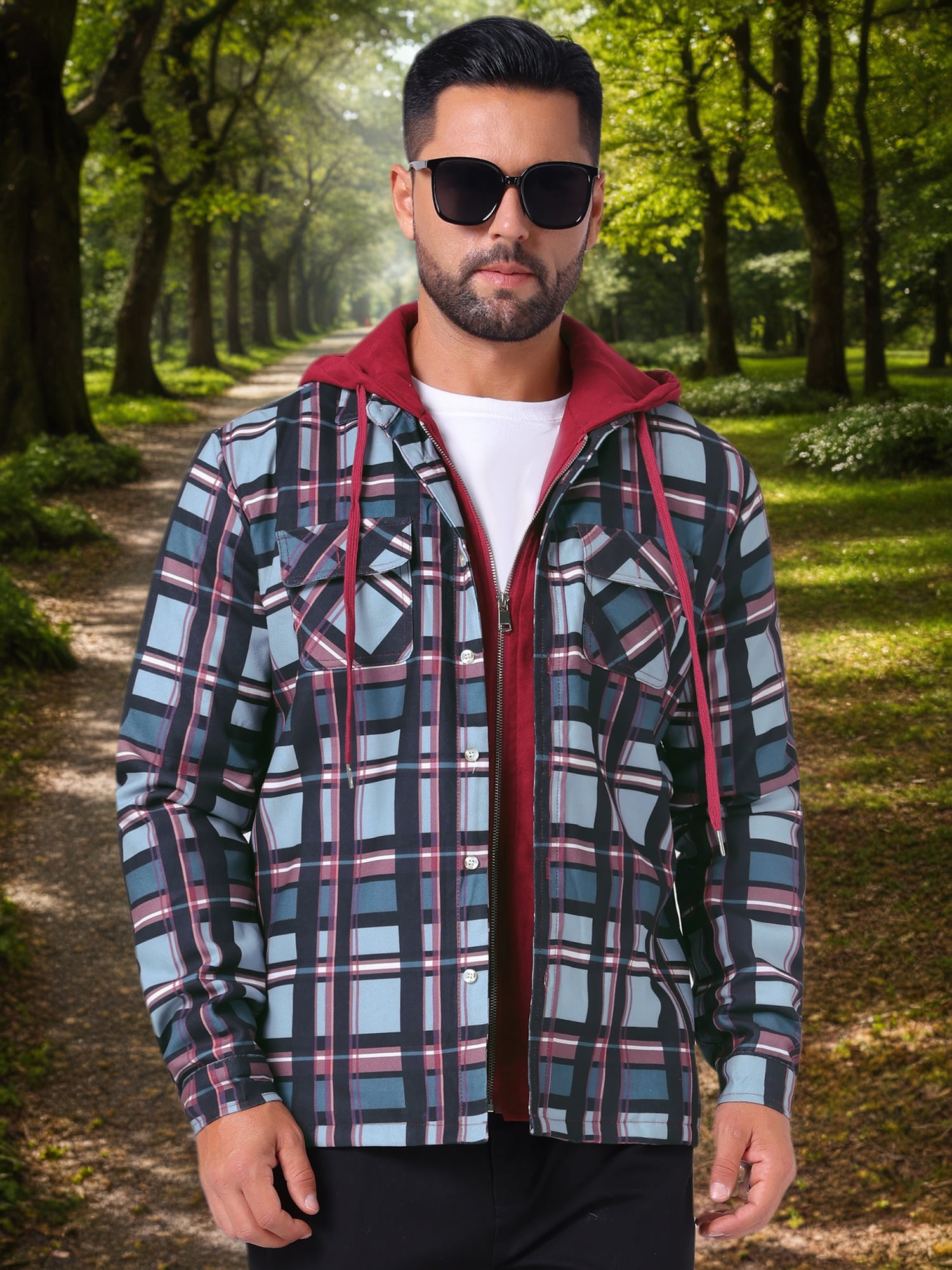 DARING DIVA Shirt Jacket Drawstring Hooded Plaid Shacket M Red Gray