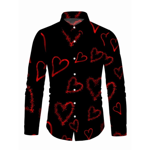 XIAOCHA Men's Heart Print Button Down Shirt Point Collar Long Sleeve Blouse Lightweight Romantic Date Night Top