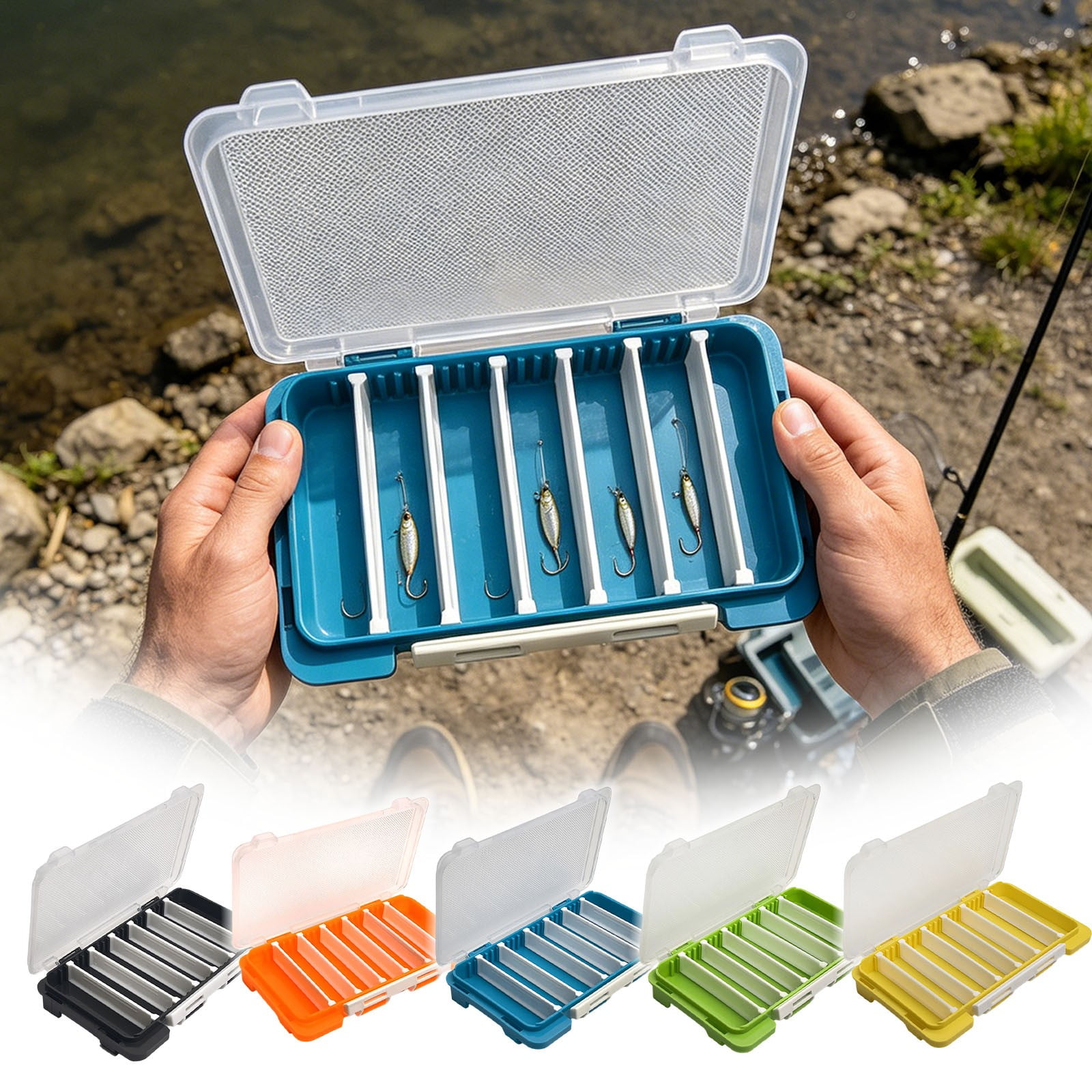 YIGOUMY-17.5cm Grooved Fishing Tackle Box Lure Organizer with 6 Fixed Slots Transparent Lid Bait Storage Case for Squid Jigs (Orange)