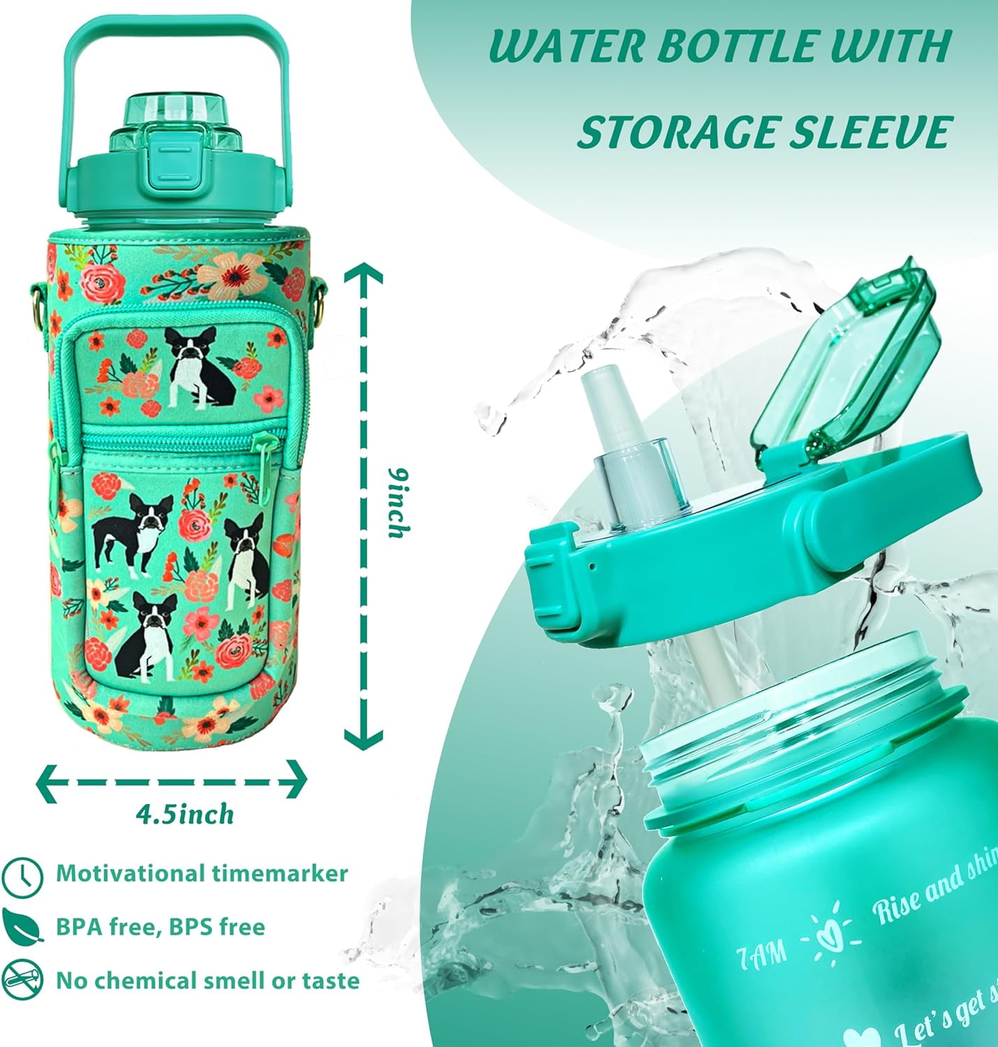 64 oz Water Bottle with Straw Sleeve & Strap Motivational BPA Free Half Gallon Water Jug with Handle for Gym Women Men Aesthetic Water Bottle with Strap Dog