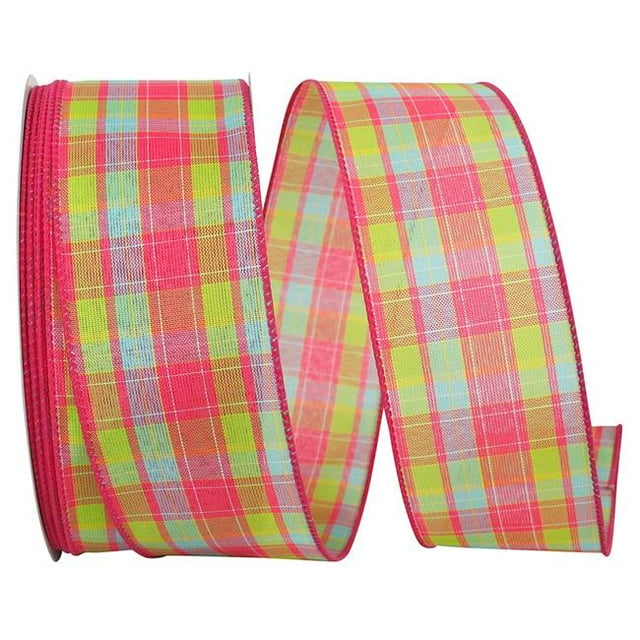 Reliant Ribbon 93398W-061-40F 2.5 in. Bright Plaid Today Wired Edge Ribbon, Pink - 10 Yards