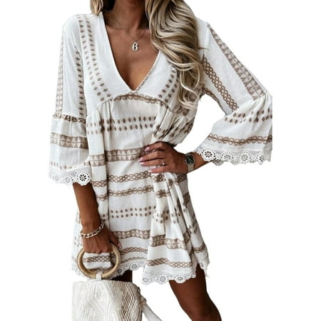 JustVH Knee Length Flared Sleeve Bohemian Lace Trim Babydoll Dress Women