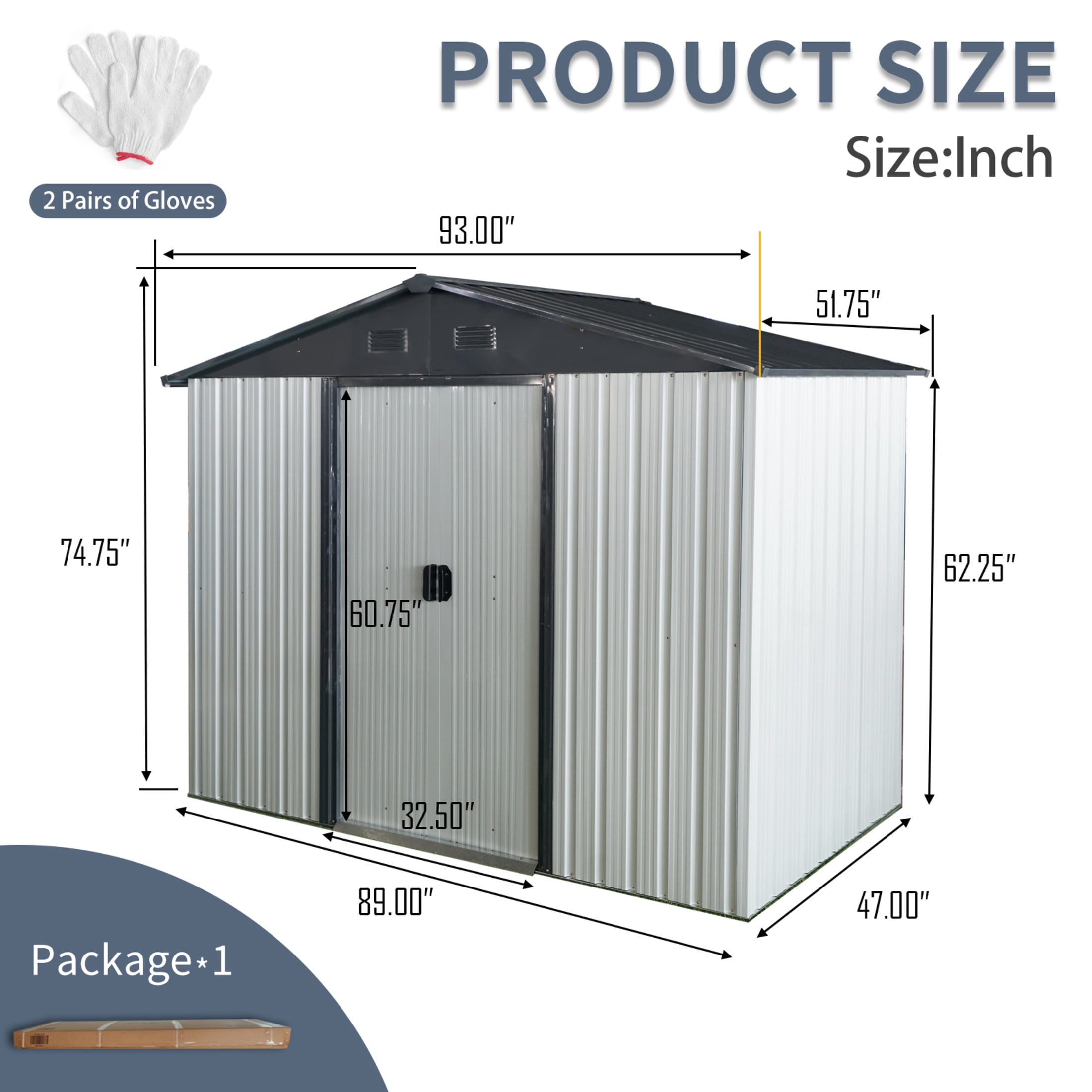 Noble House 8x4 FT Outdoor Metal Storage Shed, Galvanized Steel Garden Organizer Kit with Foundation, Black White